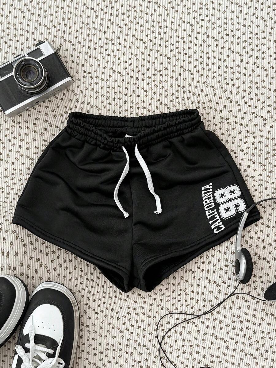 少女字母数字印花抽绳腰带休闲百搭日常短裤 - 黑色 - 查看 1