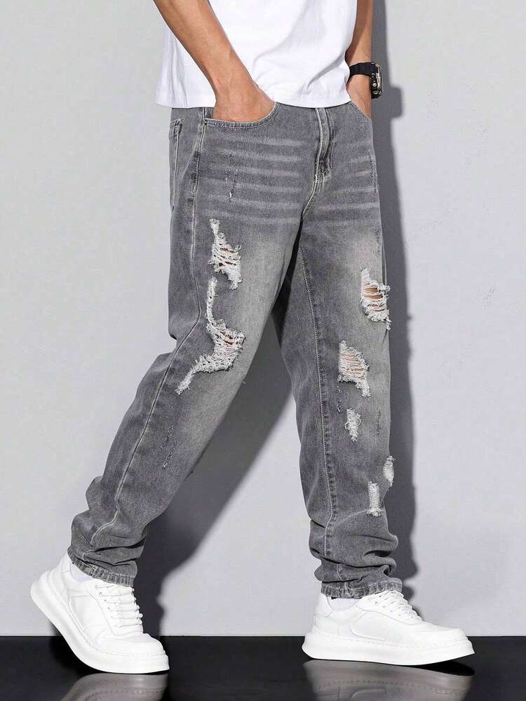 Homme Jeans casuales rectos y sueltos con bolsillos y rotos, estilo emo para hombres - Gris - Añade 6
