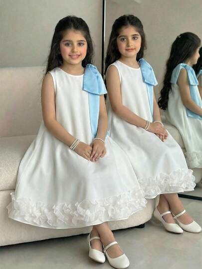 1pc Tween Girls Elegant Detachable Big Bow Decor Sleeveless A-Line Patchwork Lace Dress, Suitable For Daily, Party, Banquet, Spring/Summer