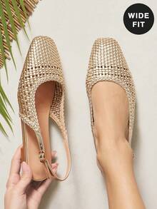 SHUZIA 女士宽楦优雅钩编PU皮露跟穆勒鞋 - 金色 - 查看 2