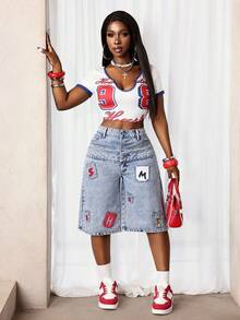 Slaydiva Quần short denim nữ dáng casual cạp cao, thêu chữ, đã qua xử lý giặt. - Rửa nhẹ - Xem 5