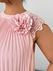 SHEIN Elenzya 大码女式梭织连衣裙，常规款，早春优雅约会/通勤连衣裙，饰有3D立体花朵褶皱细节，莲花粉色圆领 - 藕粉色 - 查看 5