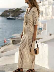 Breezaya New Summer Holiday Outfits Women's Beige Openwork Knit Two Pieces Set - V-Neck Button-Up Cardigan & Midi Skirt, Coastal Feminine Charm & Retro Casual Style - Khaki - View 4