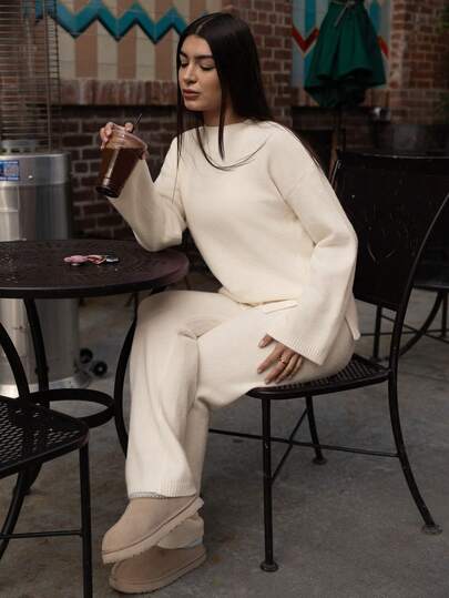 Andrea Bello 2 件女式纯色圆领落肩长袖毛衣和针织裤休闲套装，秋季/冬季