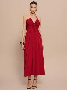 Olia Maree Olia Maree 女士纯色露背系带褶皱优雅约会派对连衣裙 - 紅色 - 查看 3