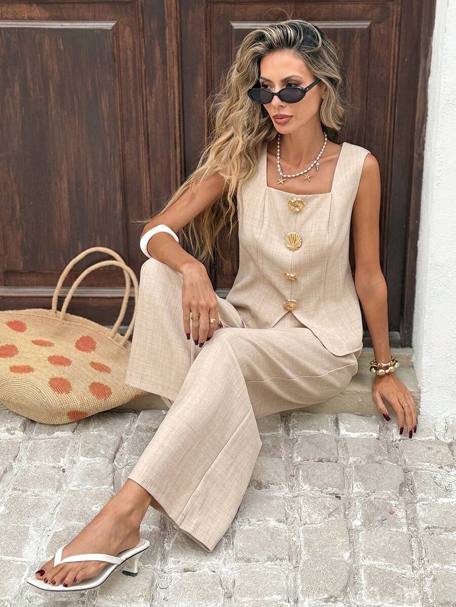 Serisse Jednorzędowy damski top z metalu w jednolitym kolorze i spodnie z szerokimi nogawkami, codzienny, 2-częściowy zestaw - Morela - Zobacz 1