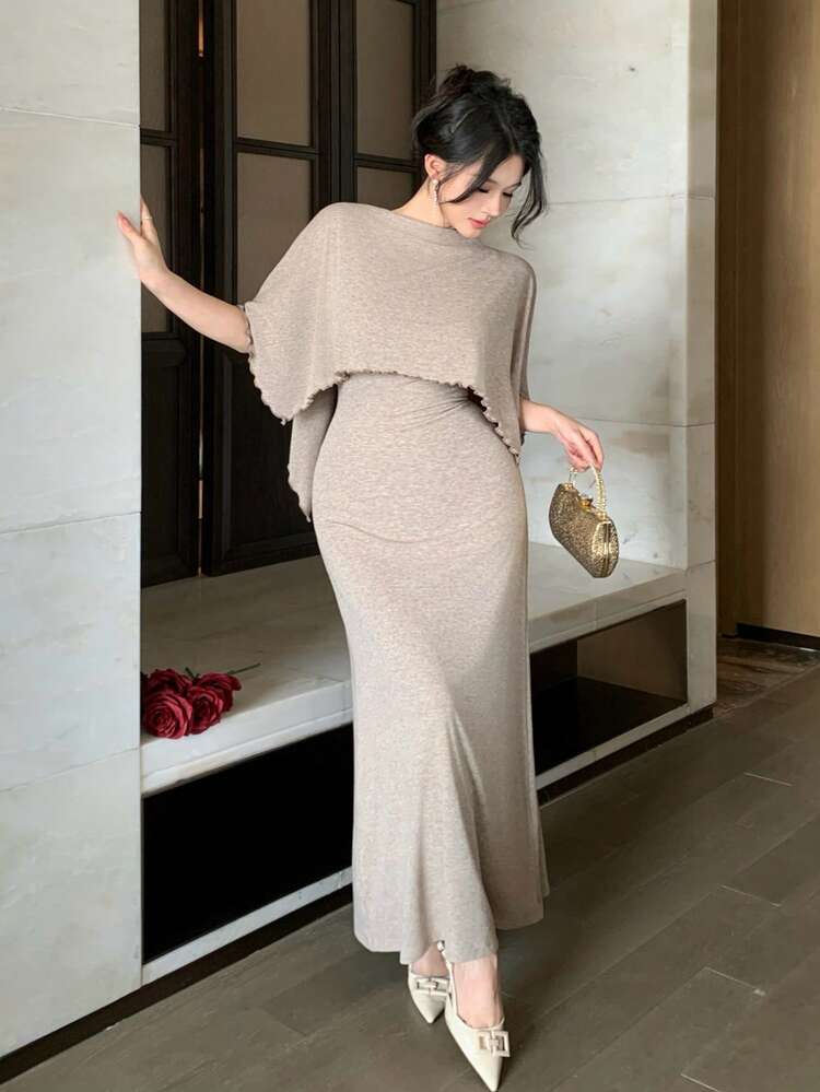 Spring & Summer Shawl Collar Crop Top T-Shirt, Camisole Dress, 2-Piece Set, Fitted, Suitable For Valentine's Day, Wedding, Party, Formal Occasion, Fashion, Elegant, Office Wear