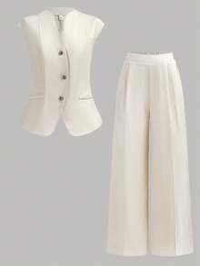 少女优雅金属扣装饰短袖西装衬衫和阔腿裤通勤套装，通勤装，圆领上衣和直筒裤套装，亚麻套装，女童裤装衬衫套装，青少年阔腿裤和上衣两件套裤装，女童裤装两件套，优雅裤装，女士裤装背心套装 - 杏色 - 查看 5