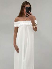 Aloruh Women's Spring/Summer Off-Shoulder Ruffle Decor Babydoll Loose Mesh Dress - White - View 7