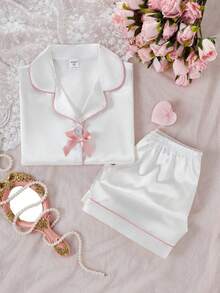 Girls Pajamas Set, Minimalist Apricot Color Ribbed Short Sleeve Cardigan With Bowknot Design, Matching Shorts, 2 Pieces Loungewear - Apricot - View 7