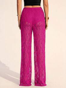 SHEIN Tall Quần ống rộng ren nữ kiểu dáng thường ngày đa năng, thích hợp mặc hàng ngày. - Màu Hồng Tươi - Xem 2