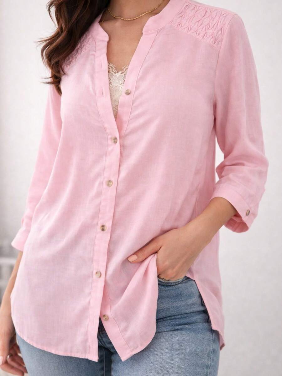 Blusa manga 3/4 con botones frontales - rosa - Ver 1