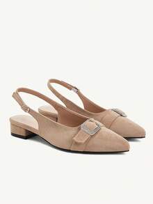 CUCCOO CHICEST Women's Pointed Toe Chunky Heel Rhinestone Buckle Pumps, Autumn - Apricot - View 1