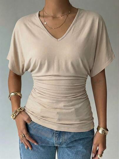 Aloruh Women's Solid Color V-Neck Casual Versatile Daily Wear Short Sleeve T-Shirt