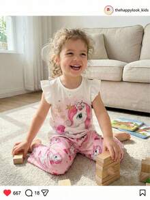 THE HAPPY LOOK 2pcs/Set Young Girl Cartoon Pattern Knit Soft Round Neck Ruffle Sleeveless Top And Elastic Waist Pants - Multicolor - View 8