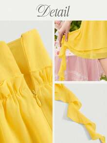 SHEIN MOD Black Ruffle Chiffon Date Night Asymmetric Solid Frill Trim Ruffle Hem Skirt,Flamenco Skirt - Pale Yellow - View 2