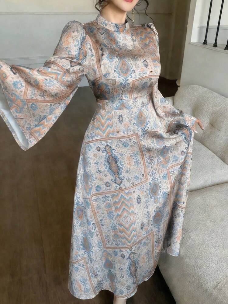 Women's Elegant Floral Print Stand Collar Petal Sleeve Tie-Waist Dress, Spring/Summer Sundress