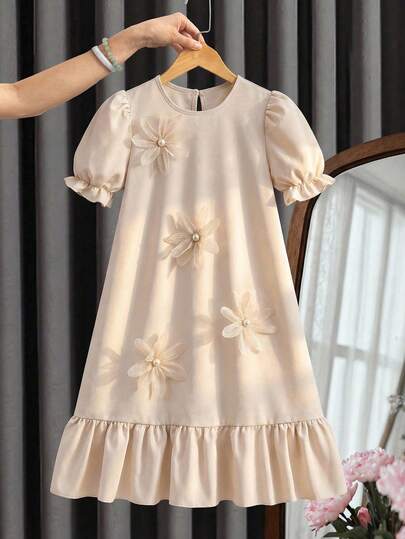 SHEIN Girls' Textured Fabric Bow Decor Hem Pleated Elegant Cute Short Sleeve Dress, Spring/Summer