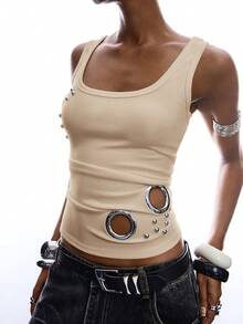 LYSMO 女士纯色镂空铆钉修身休闲上衣 - 杏色 - 查看 4