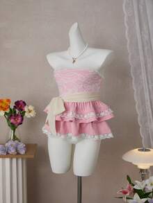 Elegant Sexy Pink Knit With White Lace Trim Camisole, Spring/Summer - Pink - View 2