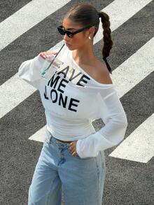 Muchica 女士白色网眼印花单肩T恤 - 白色 - 查看 4