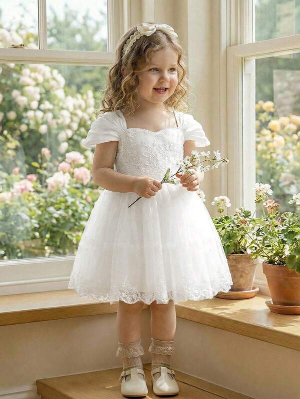 Flower Girl Birthday Party Wedding Formal Dress, Baby Girls Princess Lace Satin Tulle Puff Dress With Detachable Bow, Suitable For Formal Occasions, Stage, Piano Recital, Party, Photo Shoot, Summer, European And American Style
