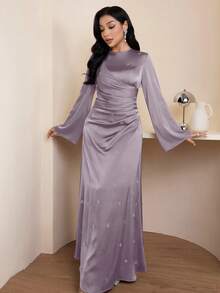 Veilorie Women's Solid Color Pleated Elegant Cinched Waist Dress, Suitable For Dates And Parties - Mauve Purple - View 5