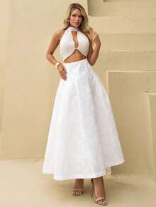 Sandy Gomes 提花纯色高腰斜口袋喇叭裙 - 白色 - 查看 1