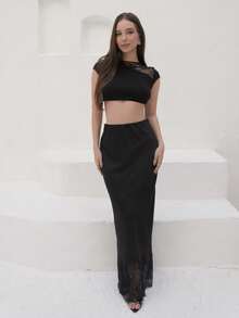 Duda Rubert 纯色缎面蕾丝下摆细节低腰中长裙 - 黑色 - 查看 1