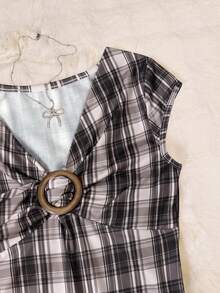 INAWLY 女士格子金属装饰褶皱休闲百搭日常上衣 - 棕色 - 查看 4