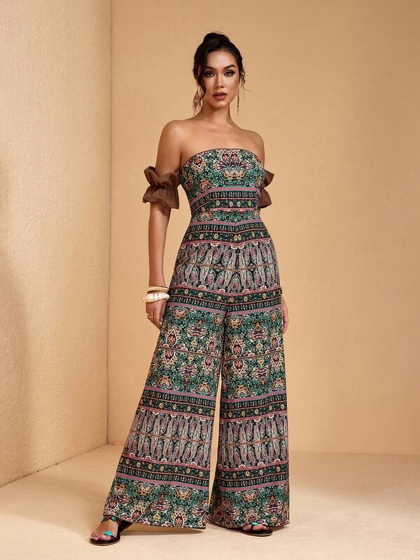 JIAN LASALA Bộ jumpsuit không dây vai, tay bồng, ống rộng, in họa tiết toàn thân, phong cách Bohemian, thường ngày, thích hợp cho du lịch hoặc nghỉ dưỡng.