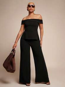 Vixey Textured Knit High Elastic Waistband Seam Detail Wide Leg Pants - Black - View 1