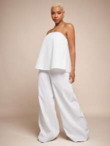 Vixey Summer Casual Solid Color Bandeau Wide Leg Jumpsuit - White - View 2