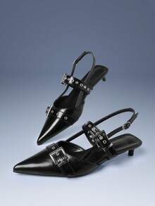 CUCCOO GRLICON 酒红色漆皮尖头金属双扣猫耳女式高跟鞋 - 黑色 - 查看 3