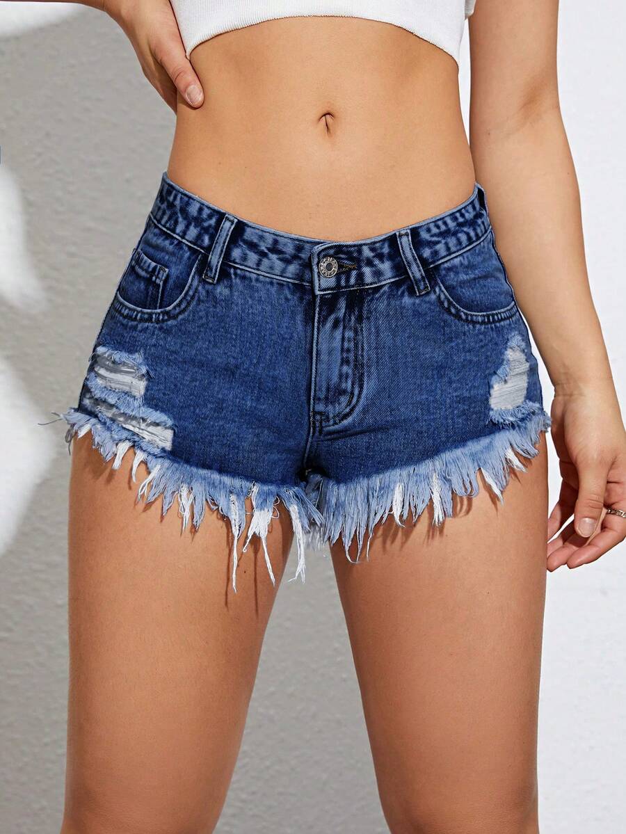 Jeanoix Women's Casual Everyday Denim Shorts With Pockets, Button Closure And Distressed Hem - Dark Wash - View 1