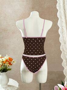 Swim Mod 春夏新款欧美风两件式三点比基尼套装，粉色波点印花撞色细肩带小胸聚拢细肩带性感背心式比基尼泳装，甜美保暖春季海滩度假比基尼泳装，生日派对比基尼 - 彩色 - 查看 6