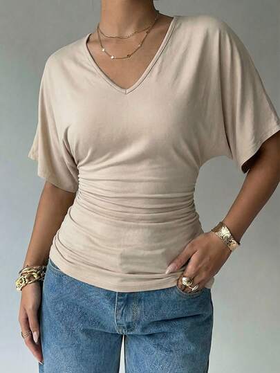 Aloruh Women's Solid Color V-Neck Casual Versatile Daily Wear Short Sleeve T-Shirt