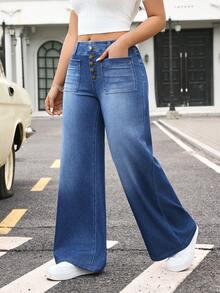 Flexra Women's Casual Pocket Versatile Daily Wear Wide Leg Jeans - Blue - View 6