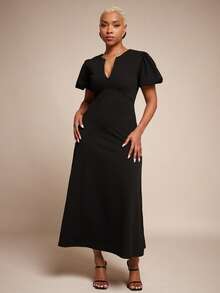 Vixey Petal Sleeve Deep V Neck Midi Length Swing Dress - Black - View 2