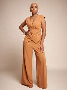 Vixey Wrap Around Asymmetrical Hem V Neck Short Sleeve Blouse - Khaki - View 1