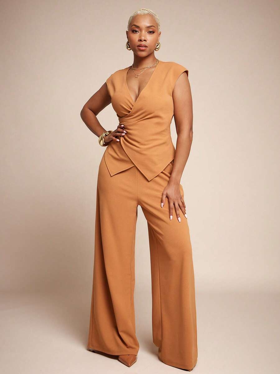 Vixey Wrap Around Asymmetrical Hem V Neck Short Sleeve Blouse - Khaki - View 1