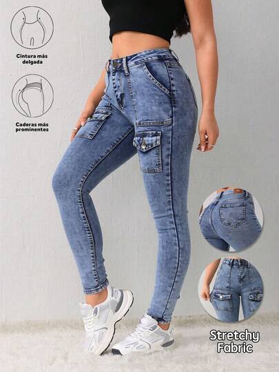 Jeans Ajustados de Cargo con Múltiples Bolsillos de Alta Elasticidad de Color Gris Oscuro/Azul Claro/Azul Oscuro/Azul Claro para Mujer, Pantalones que Levantan las Nalgas y Adelgazan las Piernas
