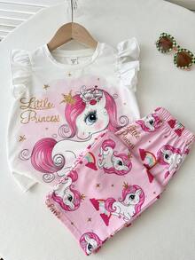 THE HAPPY LOOK 2pcs/Set Young Girl Cartoon Pattern Knit Soft Round Neck Ruffle Sleeveless Top And Elastic Waist Pants - Multicolor - View 3