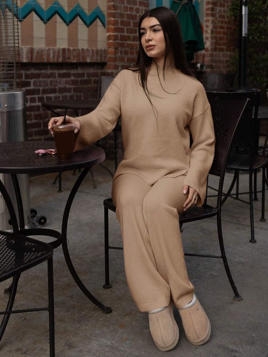 Andrea Bello Women's Solid Color Drop Shoulder Long Sleeve Sweater And Knitted Pants Casual 2 Pieces Set, Autumn/Winter - Khaki - View 1