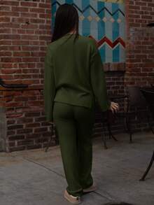 Andrea Bello 2pcs Women Knit Sweater Set - Crew Neck Pullover Sweater & Long Pants Fall Winter Cloth For Women - Army Green - View 2