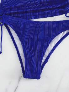 Swim Lushoire 女士纯色抽绳纹理面料吊带露背度假吊带比基尼上衣 - 藍色 - 查看 7