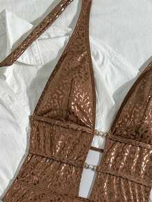 Swim SXY Áo tắm liền thân SXY, chất liệu vải in họa tiết da báo, trang trí ngọc trai vàng, kiểu dáng gợi cảm, cắt cao, thích hợp cho kỳ nghỉ hè/xuân ở bãi biển. - Nhiều màu - Xem 5