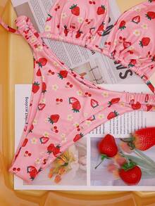 Swim Mod 女士两件式泳衣，时尚可爱水果印花三角上衣，挂脖式设计，搭配普通泳裤，成人沙滩装 - 彩色 - 查看 6