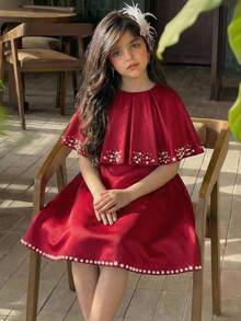 SHEIN Váy chữ A ngắn cổ đứng thanh lịch bằng satin cho bé gái, áo choàng đính hạt cườm. - Đỏ - Xem 1