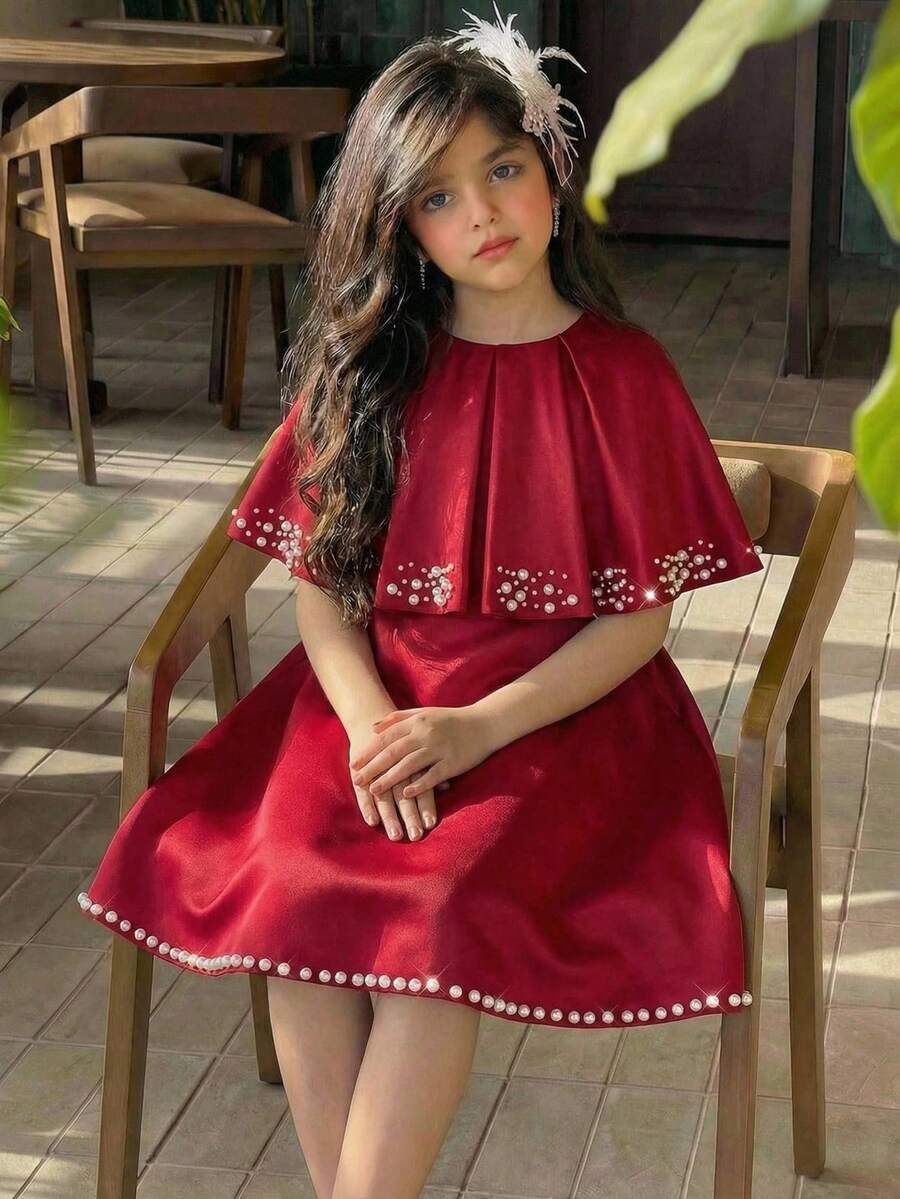 SHEIN Váy chữ A ngắn cổ đứng thanh lịch bằng satin cho bé gái, áo choàng đính hạt cườm. - Đỏ - Xem 1